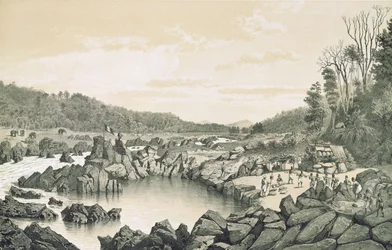 Doudart de Lagree（1823-68）作の「アトラスデュヴォヤージュd &39;探検ドインドシナ」からのメコン川のほとりにあるフランスのキャンプ（1823-68）、1874